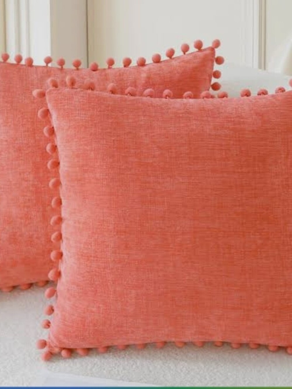This Coral chenille pillow by CaliTime features decorative pom-pom trim‎ Home